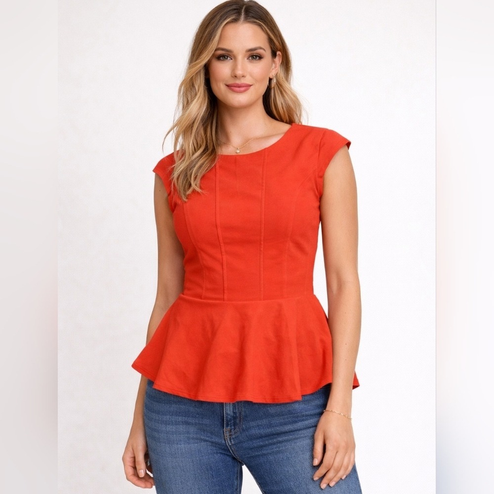 Zoa New York Peplum Top Womens Small Orange Pintuck Pleat Zip‎ Back Cap Sleeve